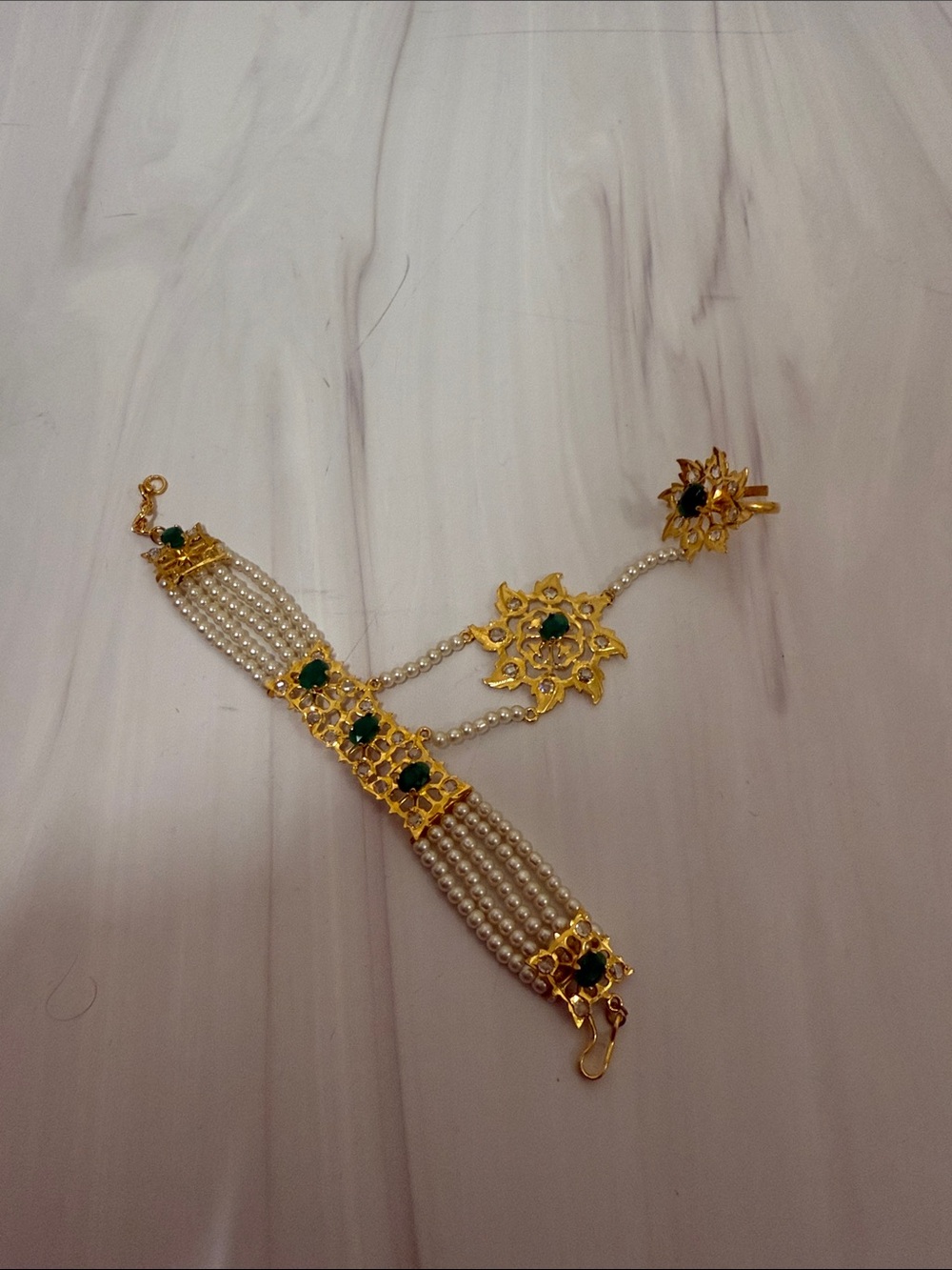 Ethnic Indian Wear Gold-Tone Bracelet with White Pearls and Green Stones